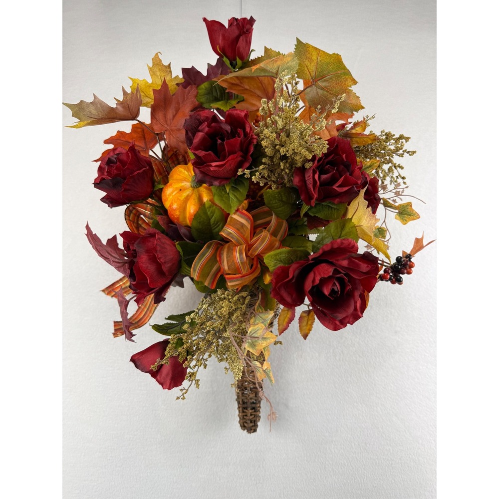 Fall Floral Cornucopia Wicker Basket Red Roses Pumpkin Harvest Decor